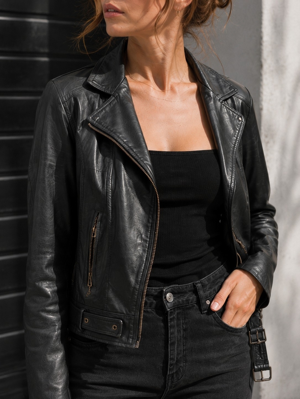 Italian Black Leather Moto Biker Jacket Size 44 Womens Vintage Y2K Belted